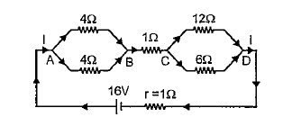 A network of resistances is connected to a 16V battery with internal resistance of 1Omega as shown in Fig.   Compute the equivalent resistance of the network