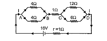 A network of resistances is connected to a 16V battery with internal resistance of 1W as shown in Fig.   Obtain the voltage drops VAB, VBC and VCD.