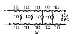 Determine the current drawn from a 12V supply with interna! resistance 0.5Omega by the infinite network shown in Fig   Each resistor has 1Omega resistance.