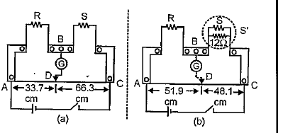 In a metre-bridge [Fig.], the null point is found to be at a distance of 33.7 cm from A. If now a resistance of 12Omega is connected in parallel with S, the null point occurs at 51.9 cm. Determine the resistance of R and S.