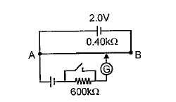 Fig. shows a potentiometer with a cell of 2.0V and internal resistance 0.40Omega maintaining a potential drop across the resistor wire AB. A standard cell which maintains a constant emf of 1.02V (for very moderate currents upto a few pA) gives a balance point at 67.3 cm length of the wire. to ensure very low currents drawn from the standard cell, a very high resistance of 600kOmega  is put in series with it which is shorted close to the balance point. The standard cell is then, replaced by a cell of unknown emf e and the balance point found similarly turns out to be at 82.3 cm length of the wire,  Is the balance point affected by this high resistance?