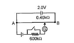 Fig. shows a potentiometer with a cell of 2.0V and internal resistance 0.40Omega maintaining a potential drop across the resistor wire AB. A standard cell which maintains a constant emf of 1.02V (for very moderate currents upto a few pA) gives a balance point at 67.3 cm length of the wire. Io ensure very low currents drawn from the standard cell, a very high resistance of 600kOmega  is put in series with it which is shorted close to the balance point. The standard cell is then, replaced by a cell of unknown emf e and the balance point found similarly turns out to be at 82.3 cm length of the wire,  Would the method work in the above situation if the driver cell of the potentiometer had an emf of 1.0V instead of 2.0V?