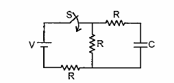 In the circuit shown in figure, the battery is an ideal one, w/The emf V. The capacitor is initially uncharged. The switch s is closed at time t = 0 The charge Q on the capacitor at time t is