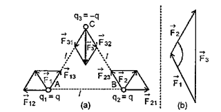 Consider the charges q, q and  -q placed at the vertices of an equilateral triangle as shown in Fig. What is the force on each charge ?