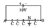 Four identical capacitors are connected in series with a 10V battery as shown. The point N is earthed. The potentials of points A and B are