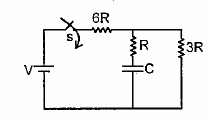 In the circuit shown in figure switch s is closed at time t = 0. Find the current through different wires and charge stored on the capacitor at any time t.