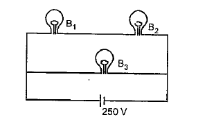 100W bulb B1 and two 60 W bulbs B2 and B3 are connected to a 250 V source as shown in the figure. Now W1, W2 and W3 are the output. Powers of the bulbs B1,B2 and B3,respectively, then