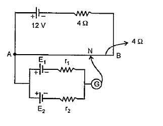 A potentiometer has a resistance wire of 4 m length and resistance 4 Omega, a cell of emf 12 V is connected across the wire.  if cells having emfs E1=2V and E2=4V and internal resistance r1=2 and r2=6Omega are connected as shown in the figure, then null deflection on length AN, is