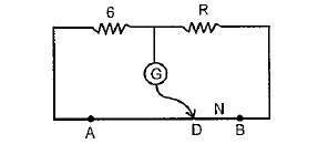 The potentiometer wire AB shown in figure is 50 cm long. When AD=30 cm, no defelection occers in the galvanmeter. The value of R is