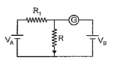 In the circuit shown the cells A and B have negligible resistances VA=12V,R1=500Omega and R=100Omega the galvanometer (G) shows no deflection. The value of VB is