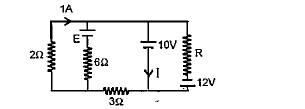 In the circuit shown, the current I flowing through the 10V battery is