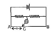 In the meter bridge circuit shown, the null point is obtained at C (AC = x) on the wire AB. If the diameter of the wire AB is doubled, the position of the new null point C' will correspond to