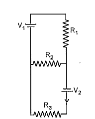 Two ideal batteries of emf V1 and V2 and three resistances R1R2 and R3 are connected as shown in the figure. The current in resistance R2 would be zero if