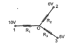 In the given circuit, R1=10Omega,R2=20Omega,R3=30Omega.The potential of the junction OisV volt. Then V =…..