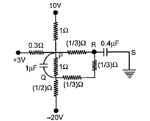 Shown in the figure is network of capacitors and resistors. The potentials of some of the nodes are given. Find the   potential of P.