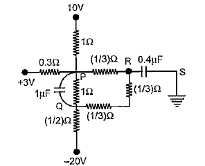 Shown in the figure is network of capacitors and resistors. The potentials of some of the nodes are given. Find the   At steady state, capacitor offers infinite resistance to