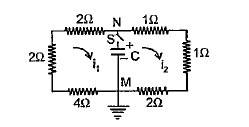 A capacitor of capaciy 6muF and initial charge 160muC is connected with a key S and resistance as shown in figure. Point M is earthed. If key is closed at t = O, then the current through resistances R1 and R2 at t=16mus