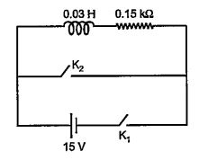 An inductor (L=0.03H) and a resistor (R=0.15 Omega)are connected in series to a battery of 15VEMF in a circuit shown the key k1 has been kept closed for a long time then at t=0 k1 is opened and key k2 is closed simultaneously ata t=1 ms the current in the circuit will be (e^5 cong150)