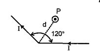 A long conducting wire carrying a current I is bent at 120^@ the magnetic field B at a point p on the right bisector of the bending angle at adistance from the bend is (mu0 is the permeability of free sapce)