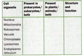 Complete the table with information about different cell organelles listed below.