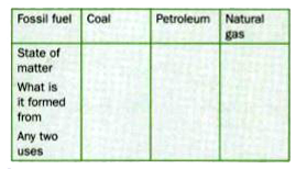 Complete the table given below with information about fossil fuels.