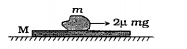M દળની એક પ્લેટને ઘર્ષણરહિત સમક્ષિતિજ સપાટી પરમૂકેલ છે અને m દળના પદાર્થને આ પ્લેટ પર મૂકેલ છે.પદાર્થ અને પ્લેટ વચ્ચેનો ઘર્ષણાંક mu છે. જો m દળના પદાર્થપ૨ 2mu mg જેટલું બળ સમક્ષિતિજ દિશામાં લગાડવામાંઆવે, તો પ્લેટમાં ઉદૂભવતો પ્રવેગ ........ .