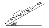 આકૃતિમાં દર્શાવ્યા મુજબ 4 kg અને 2 kg દળના બે બ્લૉક ઢાળ પર સરકી રહ્યા છે, તો 2 kg બ્લૉકનો પ્રવેગ ગણો.