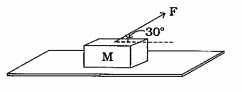 આકૃતિમાં દર્શાવ્યા મુજબ 5 kg દળનો એક બ્લૉક સમક્ષિતિજ સપાટી પર મુકેલ છે અને તેના પર 40 N બળ સમક્ષિતિજ દિશા સાથે 30° નો ખૂણો બનાવે તેમ લાગે છે. બ્લૉક અને સપાટી વચ્ચે ઘર્ષણાંક 0.2 હોય, તો બ્લૉકનો પ્રવેગ ગણો. (g = 10 m//s^2 લો.)