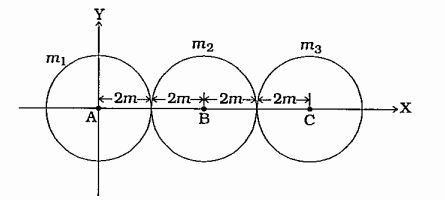 આકૃતિમાં દર્શાવ્યા પ્રમાણે 2 kg દળના અને 2 m ત્રિજ્યાના ત્રણ એકસમાન ગોળાઓને તેમનાં કેન્દ્રો એક સુરેખા પર સંપાત થાય અને એકબીજાને સ્પર્શે તેમ ગોઠવાયેલા છે. જો તેમનાં કેન્દ્રોને અનુક્રમે A, B અને C વડે દર્શાવવામાં આવે,તો A બિંદુના સંદર્ભમાં તંત્રના દ્રવ્યમાન કેન્દ્રનું અંતર ........ m.