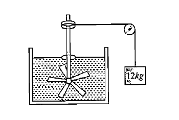 Figure shows a wheel pivoted at its centre in a water tank containing 1 kg water. A light string is wound on the shaft of the wheel and its other end is connected to a hainging block of mass 12 kg as shown. It is observed that the block falls slowly by a distance 0.7 m. Find the rise in temperature of the water. Also find the amount of theat supplied to the water. Give that the specific heat fo water is 4200J//kg^(@)C and that of wheel is negligible.