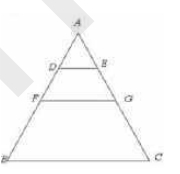 In the given triangle, D and E is the middle point of AF and AG, respectively, F and G are the midpoint of AB and AC respectively. If DE is 2.4 cm then what is the value of BC?   नीचे  दिए गए त्रिभुज में , D और E क्रमश : AF और AG के मध्य बिंदु है , F और G क्रमश : AB और AC के मध्य बिंदु है | यदि DE =2.4 cm है तो BC का मान कया है?