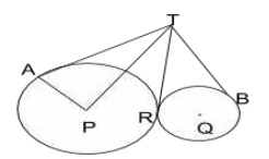In the figure, two circles with centres P and Q touch externally at R. Tangents AT and BT meet the common tangent TR at T. If AP = 6cm and PT = 10 cm, then BT =?   दी गयी आकृति में, दो वृत्त जिनके केंद्र P तथा Q हैं, वे एक-दूसरे को बाहर से R पर स्पर्श करते हैं | स्पर्श रेखाएँ AT तथा BT उभयनिष्ठ  स्पर्श रेखा TR से T पर मिलती हैं | यदि AP= 6 सेमी तथा PT = 10 सेमी है, तो BT =?
