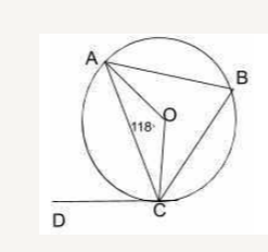 In the given figure, BC is a chord and CD is a tangent through the point C. If angle AOC = 118^@, then find the angle ACD.    दी गयी आकृति में,  BC एक जीवा है तथा CD एक स्पर्श रेखा है जो C  से जाती है। यदि  angle AOC = 118^@ है, तो angle ACD का मान ज्ञात कीजिए।