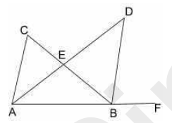 In the given figure, AD is bisector of angle angle CAB and BD is bisector of angle angle CBF. If the angle at C is 34^@, the angle angle ADB is:  
दी गयी आकृति में, AD कोण angle CAB का समद्विभाजक है तथा BD,angle CBF का समद्विभाजक है। यदि C पर कोण 34^@ है, तो angle ADB का कोण ज्ञात कीजिए।
