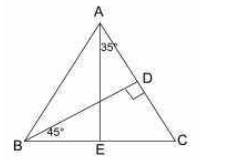 In the given figure BD perpendicular to AC then what will be the measure of angle AEB?   दिए गए आकृति में,  BD, AC पे लंबवत है फिर  कोण AEB का माप क्या होगा?