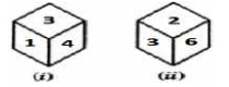 Two rotated positions of a dice are given below. Which number will be at the top if the number 4 is on the bottom of the dice?  
एक पासे की दो आवर्तित अवस्थाएं दी गयी हैं शीर्ष पर कौन सी संख्या होगी यदि तल पर 4 है ?