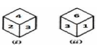 Two different positions of the sme dice are shown. Which number will be at the top when 6 will be at the bottom?  
एक ही पासे की दो अलग-अलग अवस्थाएं दिखाई गयी हैं | यदि तल पर 6 है, तो शीर्ष पर कौन सी संख्या होगी ?