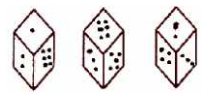 Three different positions of the same dice, which have one to six dots on its six faces, are shown below. When one dot is at the bottom the number of dots on the top will be:  
एक ही पासे की तीन अलग-अलग अवस्थाएं दी गयी है, जिनके छः फलकों पर एक से छः तक बिंदु स्थित स्थित हैं | जब तल पर एक बिंदु है, तो शीर्ष पर बिंदु होंगे ?