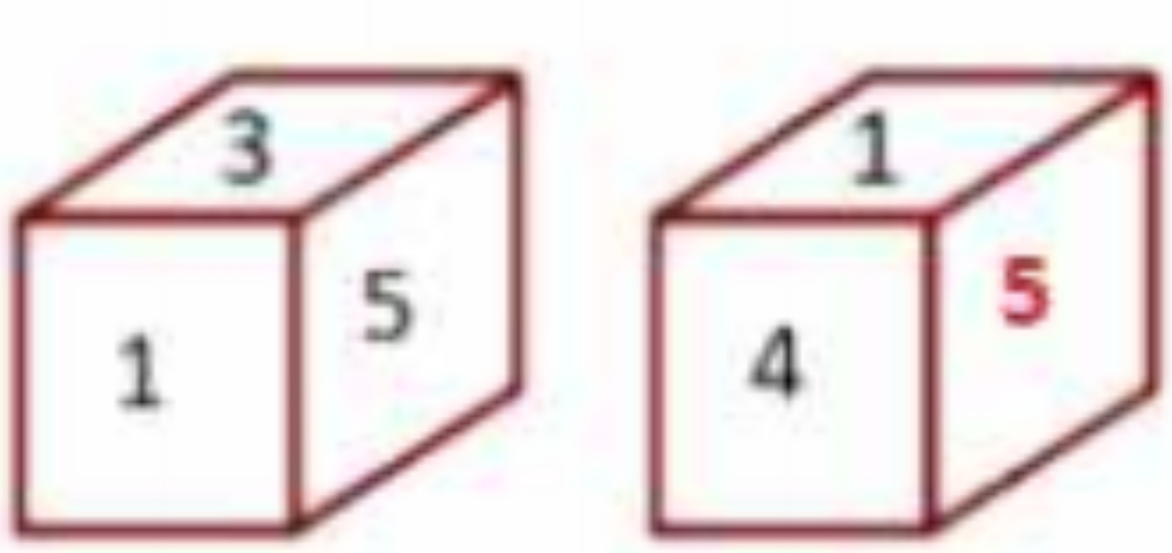 Two different positions of the same dice are shown. Select the number that will be on the face opposite to the one having '4'.  
एक ही पासा के दो अलग-अलग स्थान दिखाए गए हैं। उस संख्या का चयन करें जो '4' वाले के विपरीत चेहरे पर होगा।