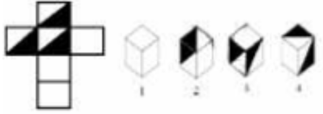 Select the box (figures 1 to 4) that can be formed by folding the given sheet along the lines.  
दिए गए कागज को मोड़ने पर चार पासों की आकृतियों में से कौन सी आकृति बनेगी ?