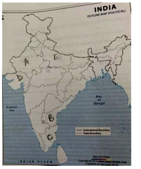 In the given outline political map of India five states have been marked as (A) (B) (C)(D) and (E). Identify these states on the basis of the information given below and write their correct names in your answer book , along with their respective serial number of the  information used and the concerned alphabets as per the following format :-   (i) The state where women put a ban on the sale of arrack and stopped its auction.   (ii) The state where there was anti Hindi agitation in 1965.   (iii)The state where the MKSS demanded records for famine relief and accounts of labours.   (iv) The state where the Sardar Sarovar dam is located.   (v) The state which saw a farmers agitation in 1988 protesting against the governments increased electricity rates.   {:(