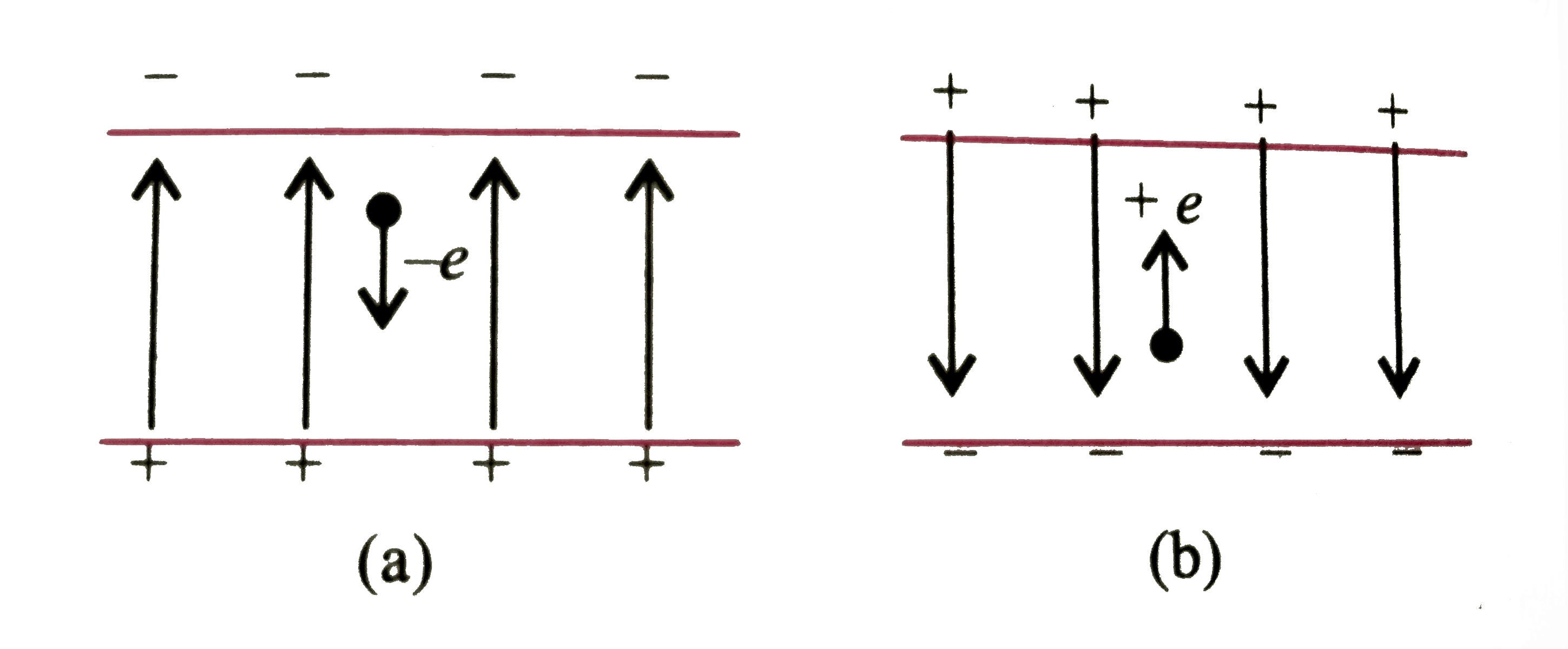 कोई इलेक्ट्रॉन E=2.0xx10^(4)  न्यूटन/कुलॉम  परिणाम के एकसमान विद्युत क्षेत्र 1.5 से. मी. दुरी तक गिरता है। [चित्र (a )] क्षेत्र का परिणाम समान रखते हुए इनकी दिशा उत्क्रमित कर दी जाती है तथा अब कोई प्रोटॉन इस क्षेत्र में उतनी ही दुरी तक गिरता है [चित्र (b )] दोनों प्रकरणों में गिरने में लगे समय की गणना कीजिए । इस परिस्थिति का 'गुरुत्व के अधीन मुक्त पतन ' से तुलना कीजिए ।