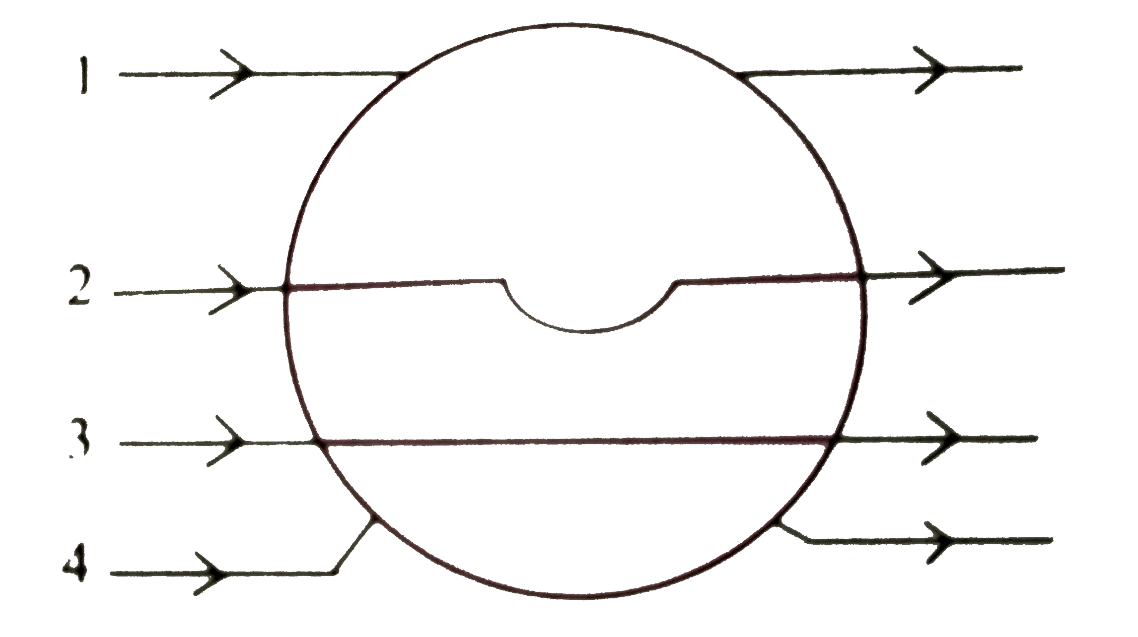 किसी धात्विक गोले के एकसमान विद्युत क्षेत्र में रखने पर निम्न चित्र में प्रदर्शित  क्षेत्र रेखाएं कौन से मार्ग के अनुसरण  करेगी ?