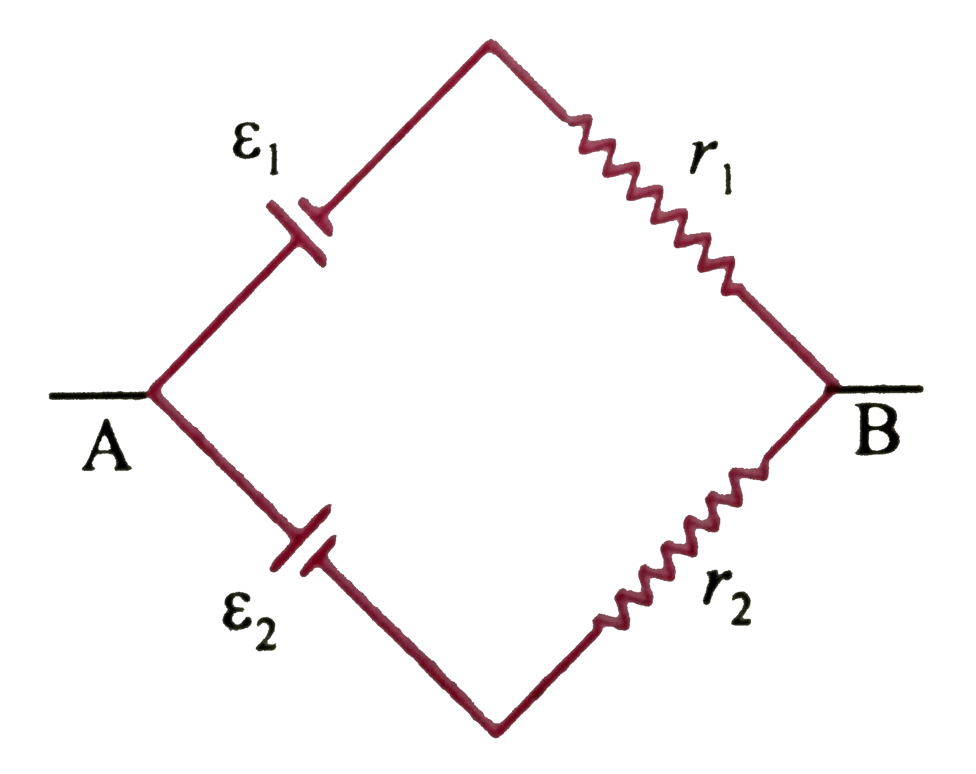 दो बैटरी  जिनका  वि वा बल epsilon(1)  व epsilon(2)एवं इनके आंतरिक क्रमशः r(1)  व r(2)    को निम्न  चित्रानुसार  समांतर क्रम में संयोजित किया गया है  ।epsilon (1) व epsilon(2) के मध्य समतुल्य  वि वा बल ε