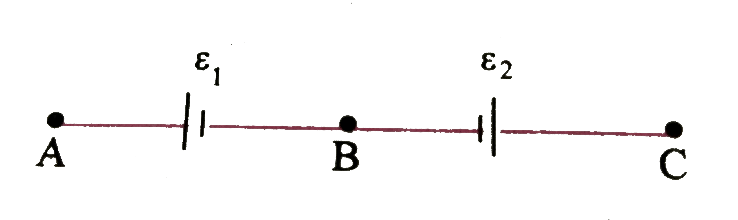 दो सेल  , जिसके  वि वा बल epsilon(1) और epsilon(2)(epsilon(1) gt epsilon(2))  है । चित्र  में दर्शाये  अनुसार जोड़े गयेहै । जब एक विभवमापी  Aऔर B के बीच जोड़े गये है तो संतुलन लम्बाई 300 सेमी प्राप्त होती हैऔर जब विभवमापी  Aऔर C के बीच जोड़े गये है तो संतुलन लम्बाई 100 सेमी प्राप्त होती है  epsilon(1) और epsilon(2) का अनुपात ज्ञात कीजिए ।