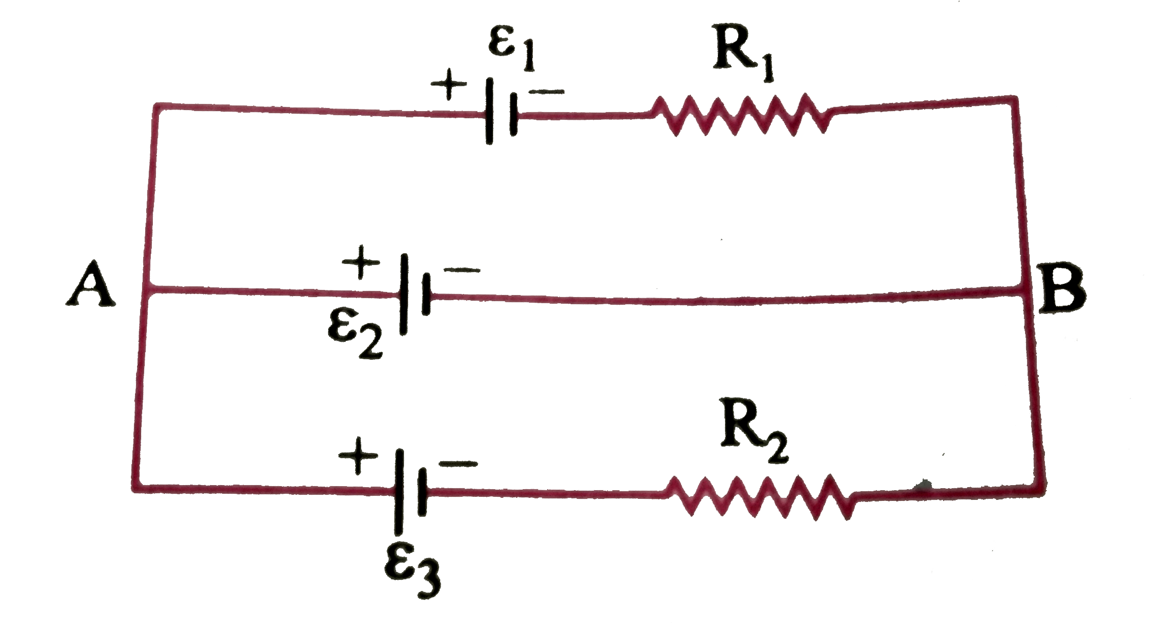 नीचे  दिए गये  चित्र में epsilon(1) = epsilon(2) = epsilon(3) = 2    वाल्ट तथा R(1) = R(2) = 4   ओम । A  और B के बीच  सेल epsilon(2) से बहने  वाली धारा  है -