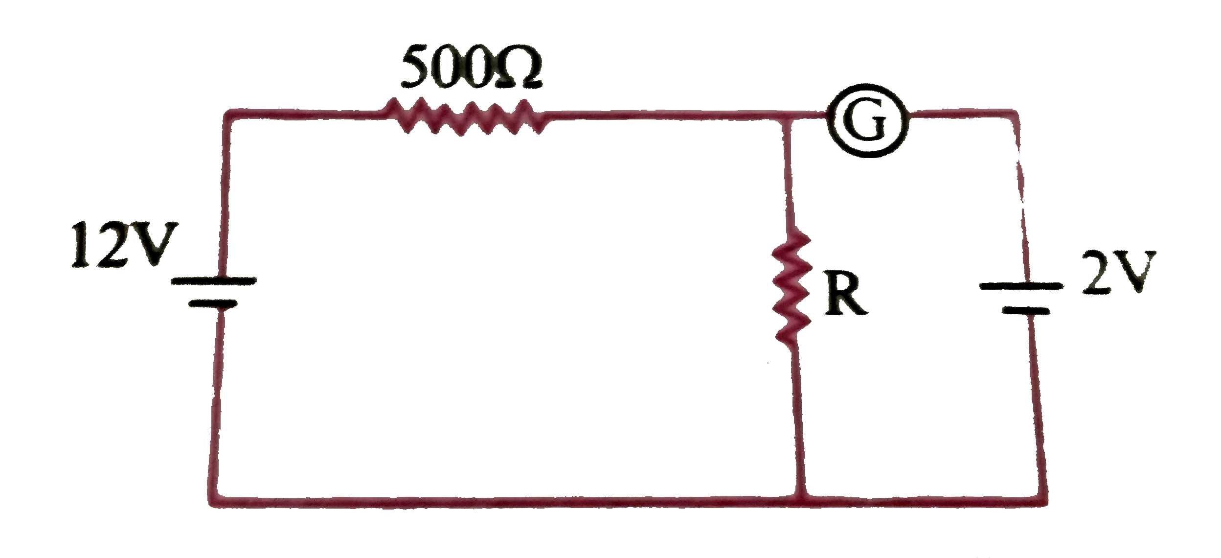 दिए गये परिपथ  में धारामापी G  शून्य विक्षेप दर्शाता है  । यदि बैटरियों   A तथा  B   के आंतरिक  प्रतिरोध  नगण्य है , तो  प्रतिरोधक R का  मान होगा -