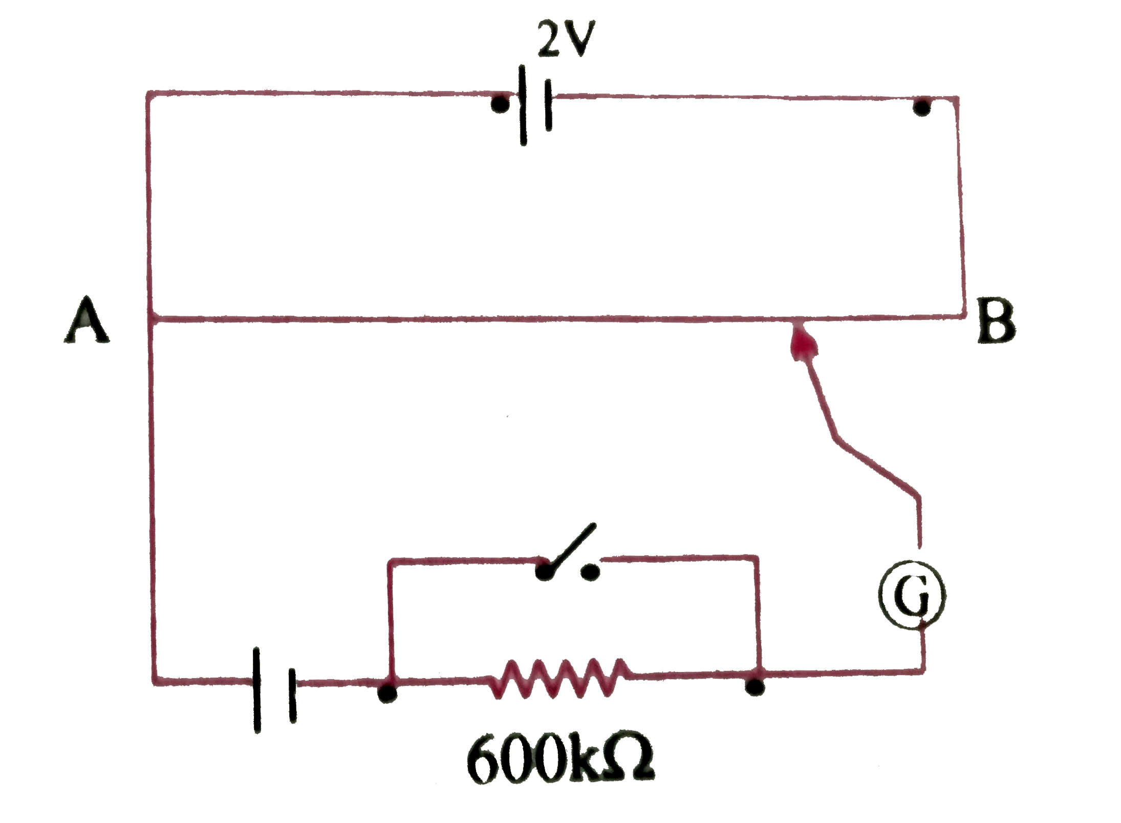 चित्र में एक वोल्ट्मीटर दर्शाए गया है  जिसमे एक 2.0V और आंतरिक प्रतिरोध 0.40 Omega  का कोई सेल  वोल्ट्मीटर  के प्रतिरोधक तार AB पर वोलटता पात बनाये  रखता है । कोई मानक सेल जो 1.02 V  का अचर  विद्युत  वाहक बल बनये रखता है ( कुछ  mA की बहुत  सामान्य  धाराओं के लिए ) तार की  67.3 सेमी लम्बाई  पर संतुलन बिंदु देती है । मानक सेल से अति न्यून धारा लेना  सुनिश्चित करने के लिए इसके साथ परिपथ में श्रेणी 600 k Omega  का एक अति उच्च प्रतिरोध इसके साथ  संबद्ध  किया जाता है , जिसके  संतुलन बिंदु प्राप्त होने के निकट  लघुपथित (Shorted) कर दिया जाता है । इसके बाद मानक  सेल को किसी  अज्ञात  विद्युत बल के सेल को किसी अज्ञात  विद्युत वाहक बल  के सेल से प्रतिस्थापित कर दिया जाता  है । जिससे संतुलन बिंदु तार की 82.3 सेमी लम्बाई पर प्राप्त  होता है ।    (f ) क्या  यह परिपथ कुछ  की कोटि के अत्यल्प विद्युत   वाहक बलों ( जैसे की किसी  प्रारूपी  तापवैद्युत युग्म का विद्युत वाहक बल )  के निर्धारण में सफल होगी ? यदि नहीं तो आप इसमें किस प्रकार संसोधन करेंगे ?