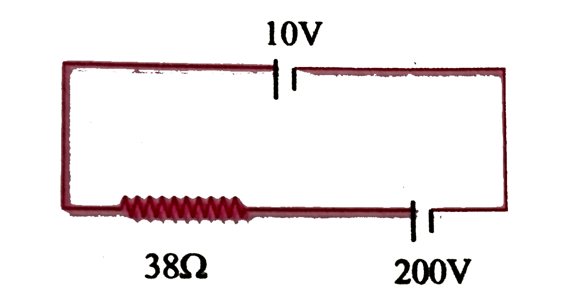 एक 10 V  कि बैटरी को जिसका आंतरिक प्रतिरोध नगण्य है ,200 V  कि बैटरी  तथा 38 Omega  प्रतिरोध के  साथ जोड़ा गया है ( निम्न चित्रानुसार ) तो परिपथ में से प्रवाहित धारा का मान ज्ञात कीजिए ।