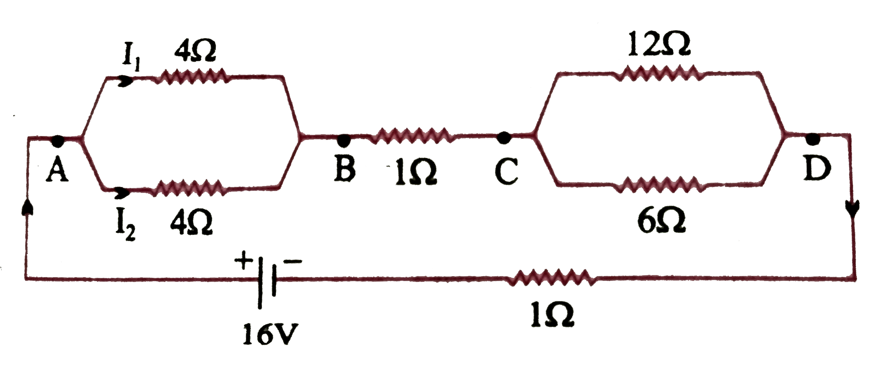 निम्न  चित्र के अनुसार 1 Omega  आंतरिक प्रतिरोध  के 16 V कि एक बैटरी से प्रतिरोधों  के एक नेटवर्क  को जोड़ा  गया है ।   नेटवर्क के तुल्य  प्रतिरोध कि गणना  कीजिए ।